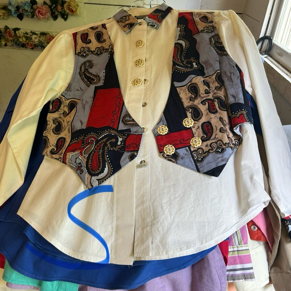 Vintage Paisley Button-Up Shirt with Vest Overlay